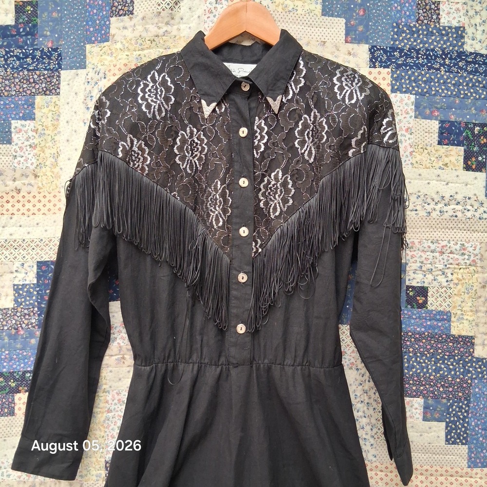 Vintage 80s Lilia Smith Dress Womens Large Black Lace Fringe Western Rodeo Maxi - Picture 2 of 12